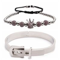 New Hot Sale Stainless Steel Diamond Ball Crown Braided Adjustable Bracelet Set Wholesale Nihaojewelry sku image 10