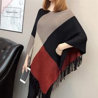 Autumn And Winter New Fashion Contrast Color Matching Color Tassel Bat Sleeve Shawl Sweater sku image 1