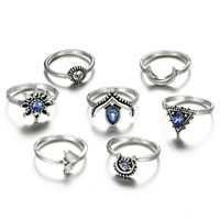 Europe And America Cross Border Ornament Geometric Sun Moon Horn Fishtail Boat Anchor Water Drop Flower Sapphire Ring 7-piece Set sku image 2