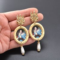 New Baroque Earrings Portrait Retro Oil Painting European And American Elegant Palace Style Female Exaggerated Pearl Earrings sku image 1