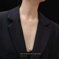 Titanium Steel Plated 18k Real Gold Tassel Long Necklace Pearl Y-shaped Clavicle Necklace Set main image 6