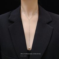 Titanium Steel Plated 18k Real Gold Tassel Long Necklace Pearl Y-shaped Clavicle Necklace Set main image 5