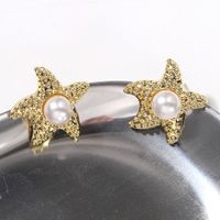 Pure White Pearl Inlaid Starfish Shell Ocean Series Earrings  Wholesale main image 5