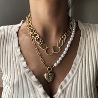 Fashion Punk Style Alloy Pearl Fashion Heart-shaped Pendant Texture Multilayer Chain Women's Necklace main image 2