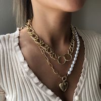 Fashion Punk Style Alloy Pearl Fashion Heart-shaped Pendant Texture Multilayer Chain Women's Necklace main image 4