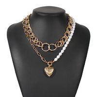 Fashion Punk Style Alloy Pearl Fashion Heart-shaped Pendant Texture Multilayer Chain Women's Necklace sku image 1