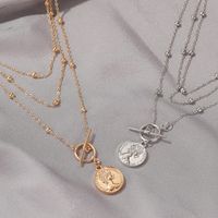 New Necklace Punk Style Portrait Coin Pendant Hipster Long Metal Word Buckle Multilayer Alloy Necklace main image 3