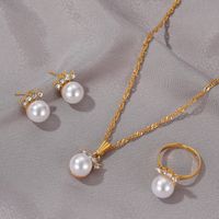 New Fashion With Four Diamonds And Pearl Earrings Ring Necklace Three-piece Set main image 3