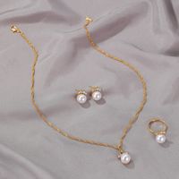 New Fashion With Four Diamonds And Pearl Earrings Ring Necklace Three-piece Set main image 4