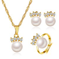 New Fashion With Four Diamonds And Pearl Earrings Ring Necklace Three-piece Set sku image 1