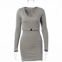 New Fashion Hot Sale Sexy V-neck Knitted Long-sleeved Short Skirt Slim Belt Bag Hip Dress Wholesale main image 3