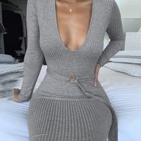 New Fashion Hot Sale Sexy V-neck Knitted Long-sleeved Short Skirt Slim Belt Bag Hip Dress Wholesale sku image 4