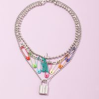 Fashion Trendy Color Pin Alloy Clavicle Chain Bead Lock Necklace For Women main image 3