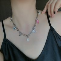 Korea New Niche Short Choker Chain Pink Crystal Pearl Moon Pendant Necklace For Women Wholesale sku image 1