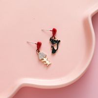 Korea 925 Silver Needle Asymmetric Small Red Love Cat Fish Bone Alloy Earrings sku image 1