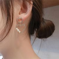 925 Silver Needle Fashion Korean Full Diamond Double Love Hollow Peach Heart Pearl New Trendy Earrings main image 3