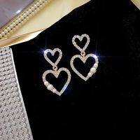 925 Silver Needle Fashion Korean Full Diamond Double Love Hollow Peach Heart Pearl New Trendy Earrings main image 4