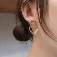 925 Silver Needle Fashion Korean Full Diamond Double Love Hollow Peach Heart Pearl New Trendy Earrings main image 5