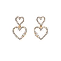 925 Silver Needle Fashion Korean Full Diamond Double Love Hollow Peach Heart Pearl New Trendy Earrings main image 6