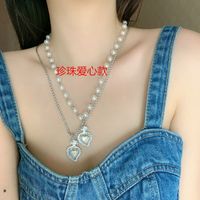 Fashion Hip-hop Style Pearl Diamond Cross Stitching Stacking Retro Clavicle Chain Necklace For Women sku image 1
