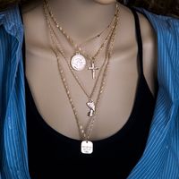 Simple Multi-layer Pharaoh Head Cross Pendant Necklace Rose Coin Square Sweater Chain main image 1