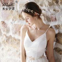 Mianino Creative Style European And American Bride Headdress Hand-woven Simple Pearl Hair Band Golden Leaf Hair Band main image 4