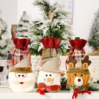 Haobei Christmas Decoration Supplies Linen Button Plaid Bottle Cover Cartoon Old Snowman Wine Bottle Bag Wine Gift Box main image 2