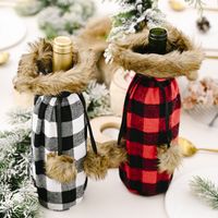 Haobei Christmas Festive Supplies Pompon Plaid Bottle Cover Creative New Red And Black Wine Bottle Bag Wine Gift Box Wine Cover main image 4