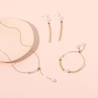 Fresh Long And Simple Wheat Pearl Tassel Jewelry Set Female Earrings Necklace Bracelet Combination sku image 4