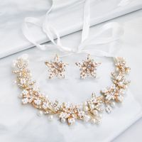 Fashion Bridal Jewelry Alloy Beaded Flower Hairband Earring Set sku image 1