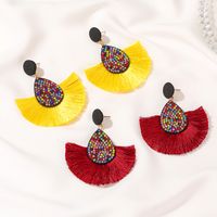 New Retro Exaggerated Colored Diamond Bohemian Creative Fan-shaped Tassel Earrings Wholesale main image 4