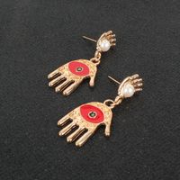 Retro Alloy Inlaid Pearl Red Eyes Palm Fashion Earrings Wholesale main image 5
