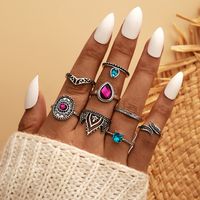 Fashion Colorful Diamond Drop Ring Retro Exaggerated Crown Joint Ring 8-piece Wholesale main image 1