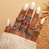 Fashion Colorful Diamond Drop Ring Retro Exaggerated Crown Joint Ring 8-piece Wholesale sku image 1