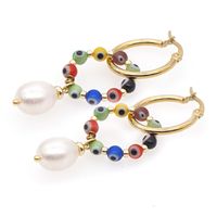 1 Pair Ethnic Style Devil's Eye Stainless Steel Beaded Freshwater Pearl Hoop Earrings Drop Earrings main image 2