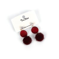 Korea Sweet Three-dimensional Rhinestone Mink Hair Ball Long Geometric Round Wood Stitching Earrings main image 3