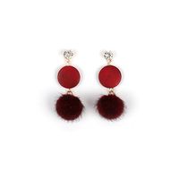 Korea Sweet Three-dimensional Rhinestone Mink Hair Ball Long Geometric Round Wood Stitching Earrings sku image 1