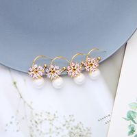 Flower Simple Pearl Korean Niche C-shaped Circle Alloy Earrings main image 3