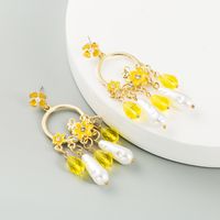 New Long Fringed Pearl Crystal Drop Oil Flower Alloy Inlaid Rhinestone Earrings For Women sku image 1