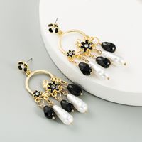 New Long Fringed Pearl Crystal Drop Oil Flower Alloy Inlaid Rhinestone Earrings For Women sku image 3