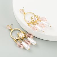 New Long Fringed Pearl Crystal Drop Oil Flower Alloy Inlaid Rhinestone Earrings For Women sku image 2