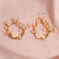 Fashion New Branches And Leaves Round Natural Pearl Handmade Flower Earrings sku image 2