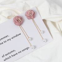 Fashion Candy Color Flower Pearl Long Tassel Fabric Sweet  Fresh Stud Earrings main image 4