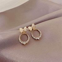 S925 Silver Needle Korean Circle Bow Simple Short Diamond Wild Earrings main image 6
