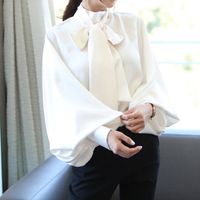 Femmes Manche Longue Blouses Noeud Papillon Dame Commuer Couleur Unie main image 6