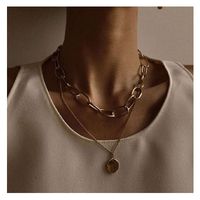Gold Thick Chain Round Pendant Alloy Double Layer All-match Necklace Accessories main image 2