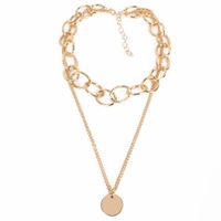 Gold Thick Chain Round Pendant Alloy Double Layer All-match Necklace Accessories main image 6