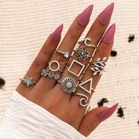 Retro Geometric Silver Flower Wave Star Square Round Leaf Alloy Ring 11 Piece Set main image 1
