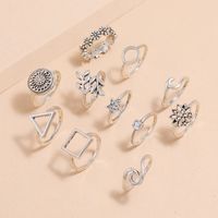 Retro Geometric Silver Flower Wave Star Square Round Leaf Alloy Ring 11 Piece Set main image 5