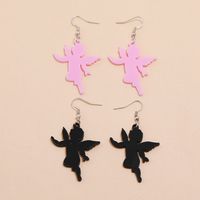 New Silver Ear Hook Pink Black Acrylic Little Angel Pendant Earrings Set main image 4